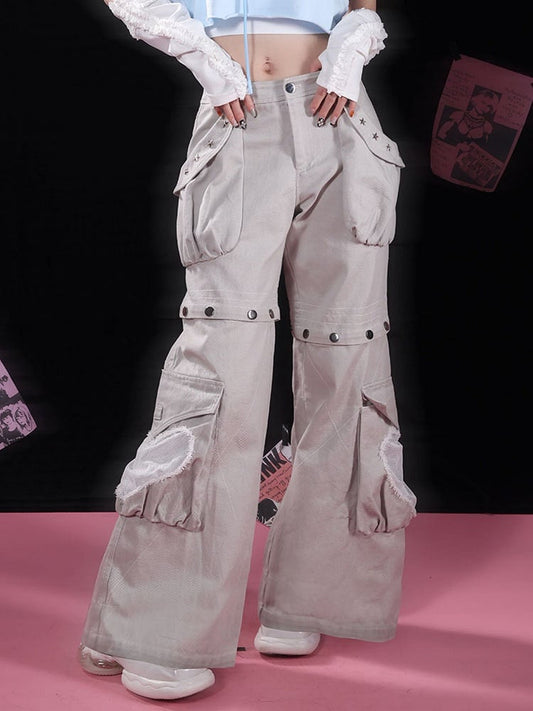 Star-shaped Studs Gray Cargo Pockets Detachable Jeans