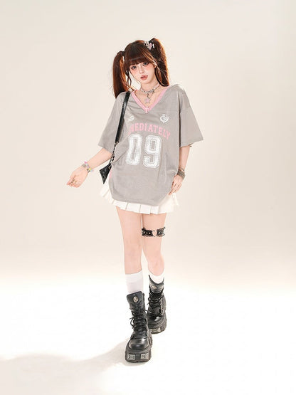 Gray/Dark Blue Number Print Hollow-out T-shirt V-neck Loose Top