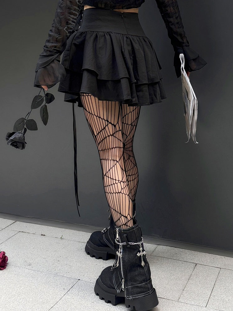 Punk Dragon Adorned Black Tiered Skirt Criss-cross Chain Design