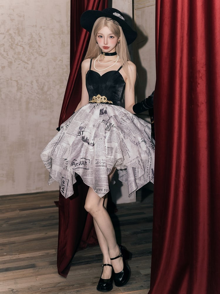 Newspaper Print Layered Handkerchief Skirt Elegant Dress Lolita Jumper Skirt