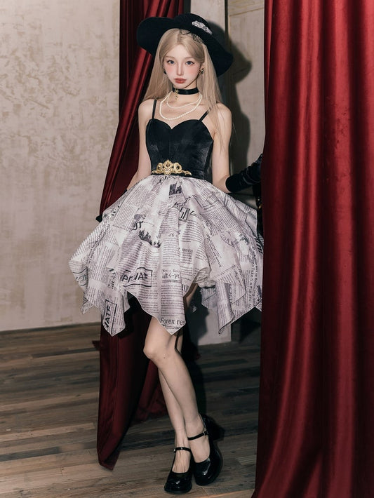 Newspaper Print Layered Handkerchief Skirt Elegant Dress Lolita Jumper Skirt