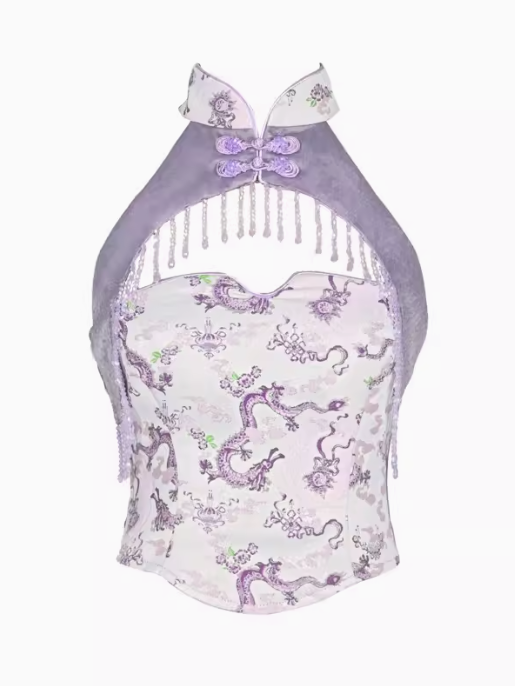 Clearance - Size S for Bust 78-84CM Purple Cheongsam Banded Collar Halter Neck Top Chinoiserie Dragon Print