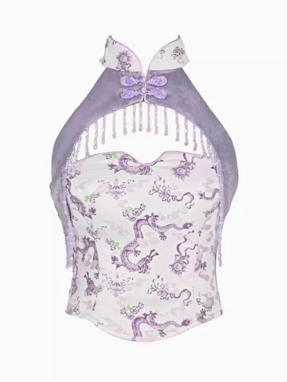 Clearance - Size S for Bust 78-84CM Purple Cheongsam Banded Collar Halter Neck Top Chinoiserie Dragon Print