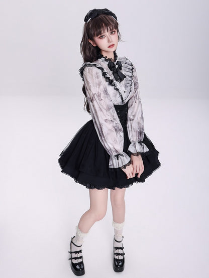 Elegant Gray Floral Jirai Kei Blouse