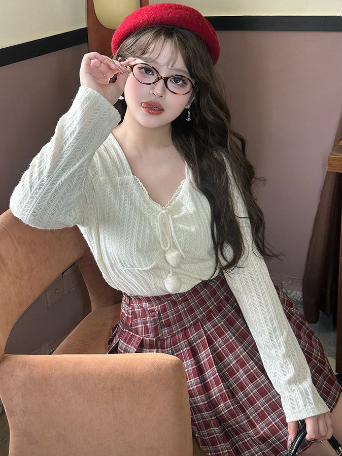Plus Size White Pompom Accents V-neck Long Sleeves Lace Top