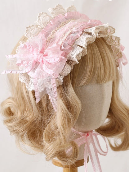 Cute Lolita Light Pink Bowknot Beige Lace-Trimmed Hairband