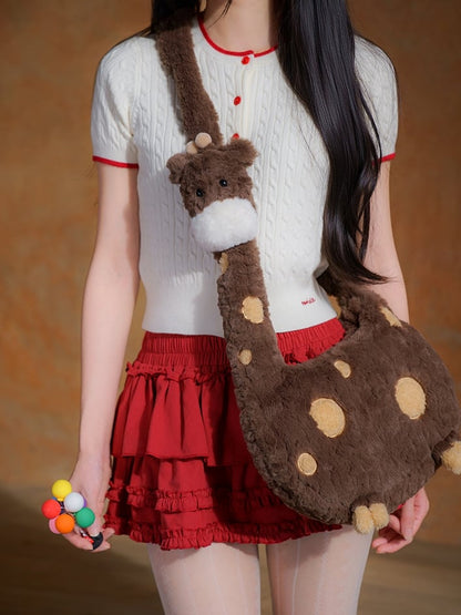 Brown Plush Giraffe Crossbody Bag