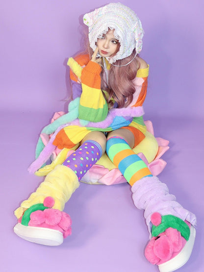 Gyaru Fashion Perple&Yellow Plushie Leg Warmers + Colorful Striped And Polka-Dot Pattern Over-Knee Stockings