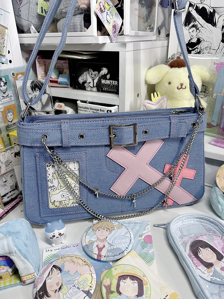 Blue Cross Design Denim Ita Bag with Detachable Chain
