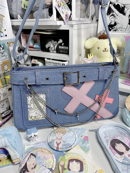 Blue Cross Design Denim Ita Bag with Detachable Chain
