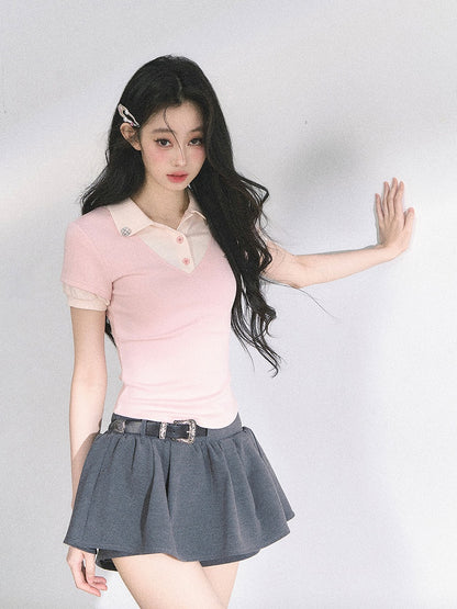 Rhinestones Decorated Polo Collar Pink& Apricot/ Black& Gray T-shirt Faux Two-pieces