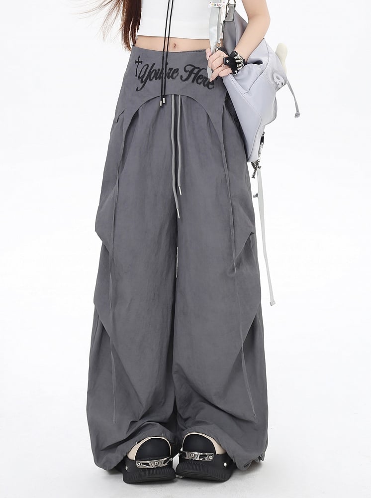 Gray Drawstring Waist Wasteland Punk Pants with Asymmetrical Waist Accessory