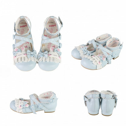 Blue Polka-dot Pattern Crisscross Design Bowknot Details Bunny Applique Lace Trim Sweet Lolita Shoes