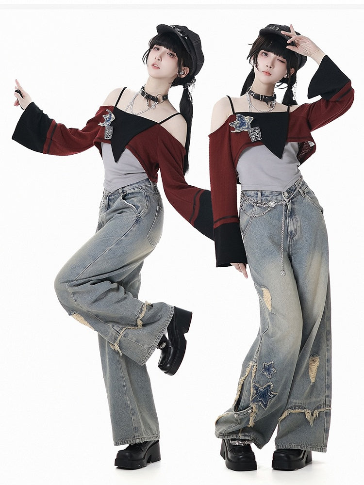 Blue Star Appliques Raw Hem Distressed Wide-leg Jeans with Waist Chain