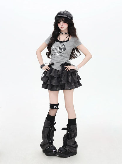 Strawberry Print Drawstring Waist Faux Two-pieces Halter T-shirt Black/Gray