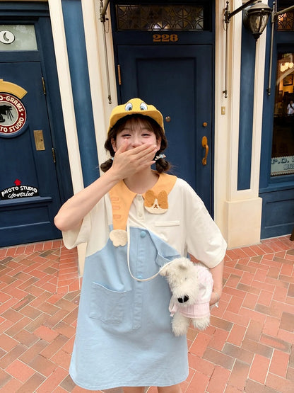 Adorable Kitty Collar Blue and White Colorblock Design Dress Faux Two-pieces