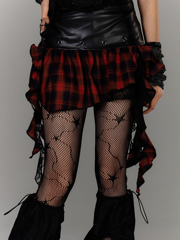Y2K Asymmetrical Ruffled Red Plaid Hem Black PU Punk Skirt