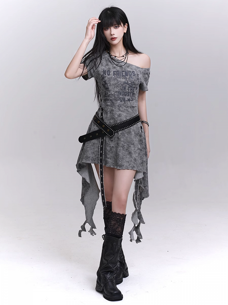 Asymmetrical Neckline Cascading Ruffles Gray/Black Tie Dye Dress with Waist Belt