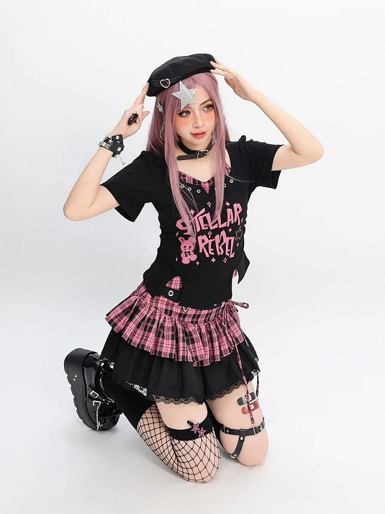 Y2K Black & Pink/Black & White Plaid Star Buckle Tiered Skirt with Lace-up Detail