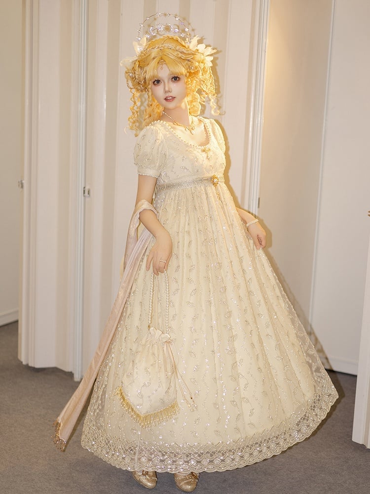 Allover Beaded Leaves Design Beige Empire Waist Elegant Lolita One Piece Long/Short Version