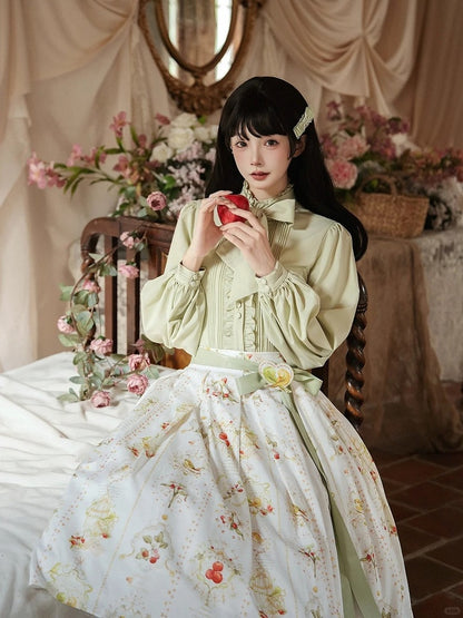 Green Long Sleeves Lolita Blouse with Lace-Up Back and Ruffled Details