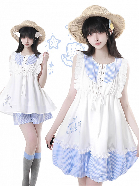 Seashell and Starfish Embroidery White and Blue Plaid Flutter Sleeves Dress Bubble Skirt