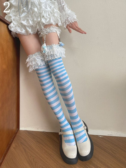 Blue and White Striped Lace Trim Overknee Stockings