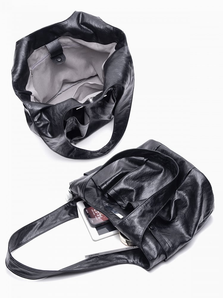 Black Large Capacity Single-Shoulder Tote Bag With Triple Pocket Design