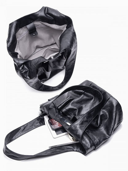 Black Large Capacity Single-Shoulder Tote Bag With Triple Pocket Design