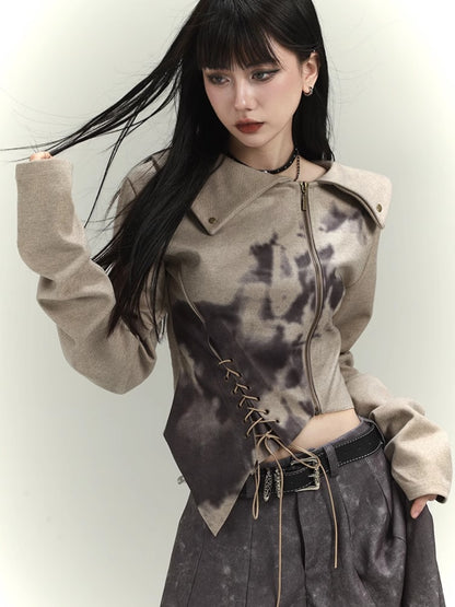 Wasteland Punk Khaki Asymmetrical Hem Cropped Jacket with Lace-up Detail at Front