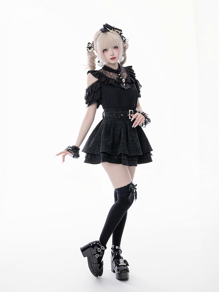 Jirai Kei Black Illusion Neckline Cutout Shoulder Short Sleeve Blouse with Free Bowtie