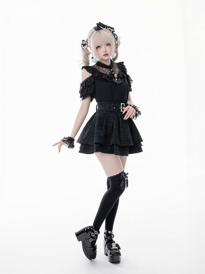 Jirai Kei Black Illusion Neckline Cutout Shoulder Short Sleeve Blouse with Free Bowtie