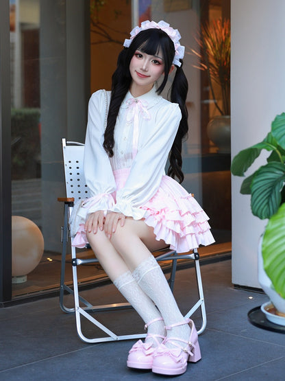 Sweet Ruffle White Shirt with Lace Placket and Flounce Sleeves