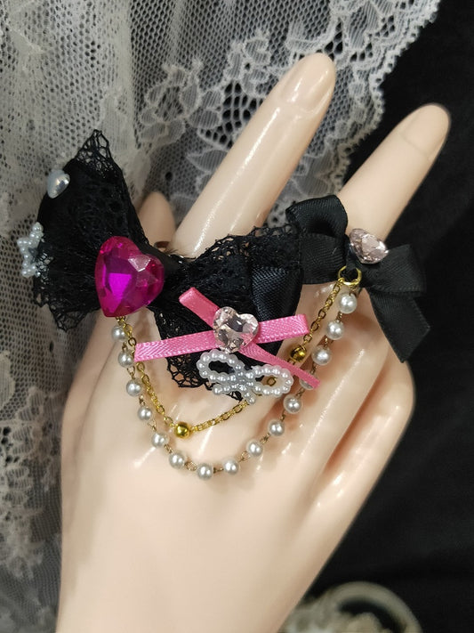 3 Options Two Heart Decorated Bead Chain Bowknot Rings