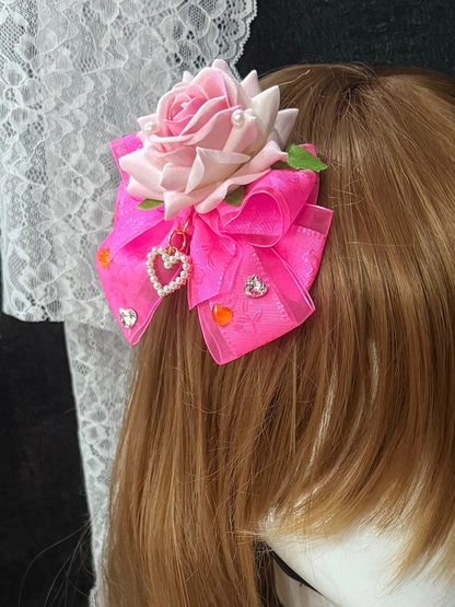 Rose Red Heart Details Floral Design Bowknot Hairclip