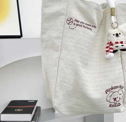 2 Options Koala Embroidery Beige Open Top Shoulder Bag