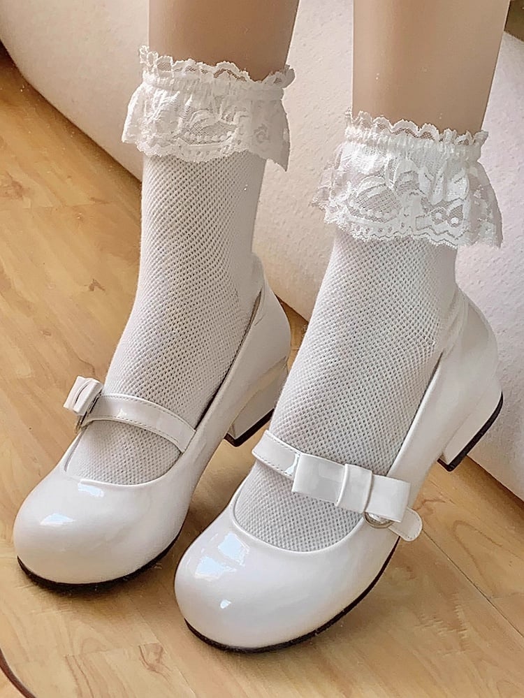 PU White Sweet Lolita Mary Janes - Low Heel with Bow Accents Snap-Fastening