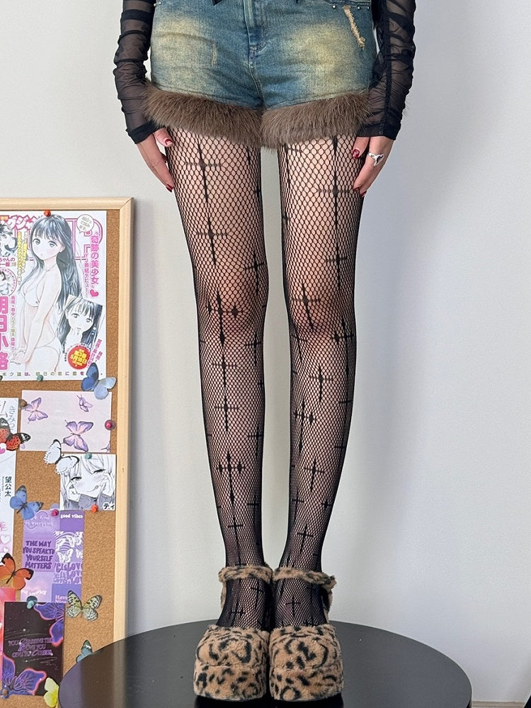 Black/White Gothic Cross Pattern Tights