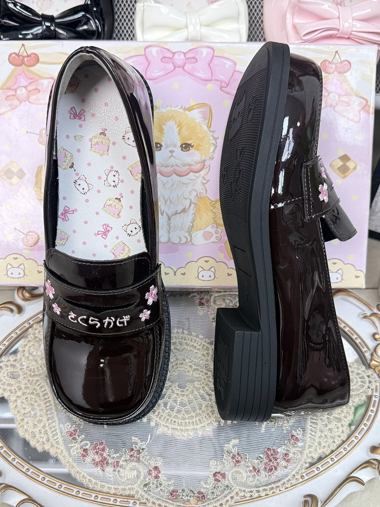 PU Dark Brown Academic Style Slip-On Shoes - Low/Mid Heel with Cherry Blossom & Kanji Embroidery