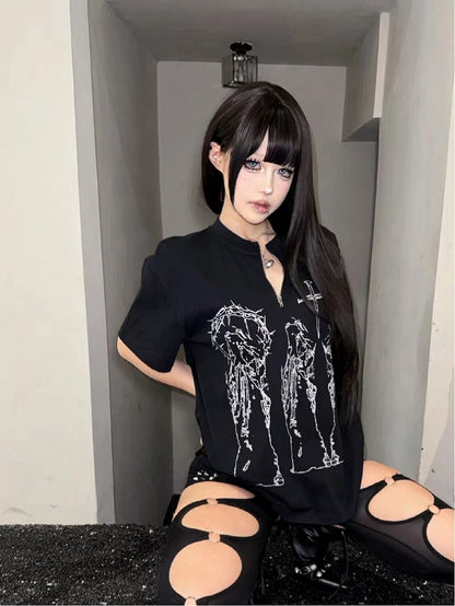 Alt Fashion Black T-Shirt with Cross Religious Figure Print