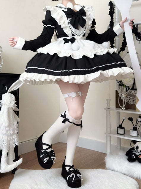 Bunny Ears Sailor Collar Black Short Sleeves Maid Lolita Dress with White Apron