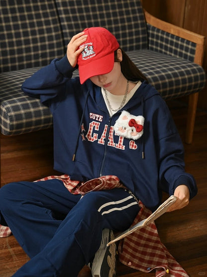 Red Plaid Embroidery Applique Navy Blue Zip-up Hoodie with Detachable Kitty Plushie