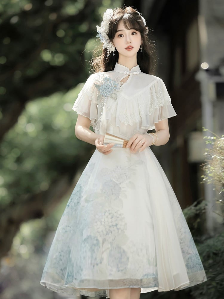 Short Version Hydrangea Print White Elegant Classic Lolita Dress with Lace Shawl