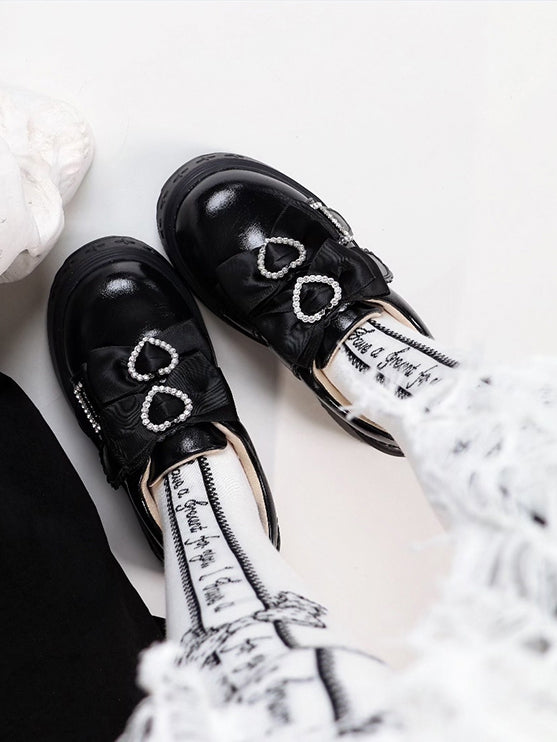 Black Jirai Kei Slip-on Platforms with Rhinestone Heart Decor & Bow Accents in Thicken/Regular Version