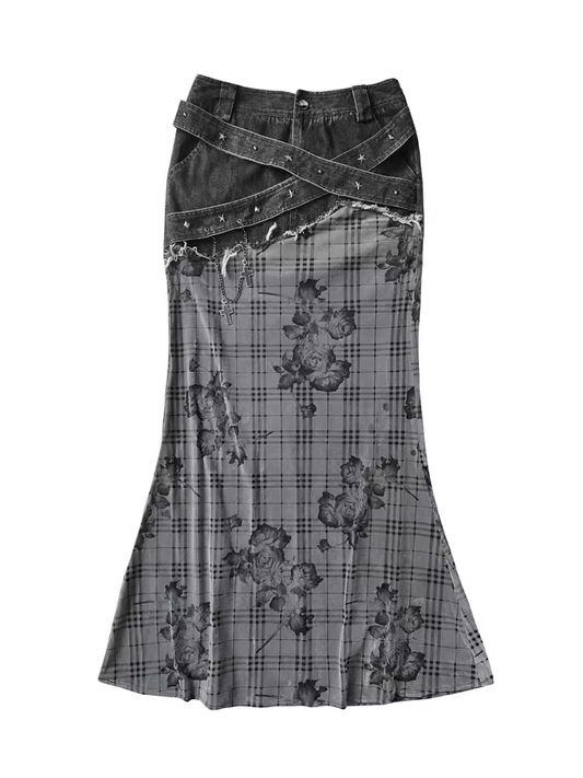 Black Low Waist Criss-cross Studded Strap Plaid Rose Mermaid Skirt