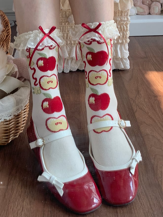 Green/Red Apple Print Lace Trim Sweet Lolita Calf Socks