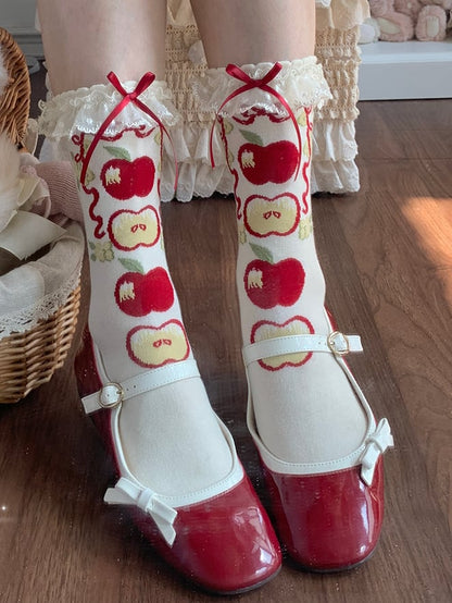 Green/Red Apple Print Lace Trim Sweet Lolita Calf Socks