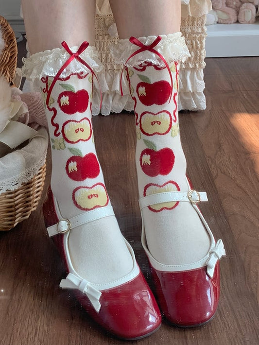Green/Red Apple Print Lace Trim Sweet Lolita Calf Socks