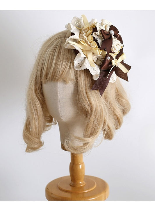 Yellow&Brown Sweet Lolita Beaded Decorated Bowknot Details Mini Hat
