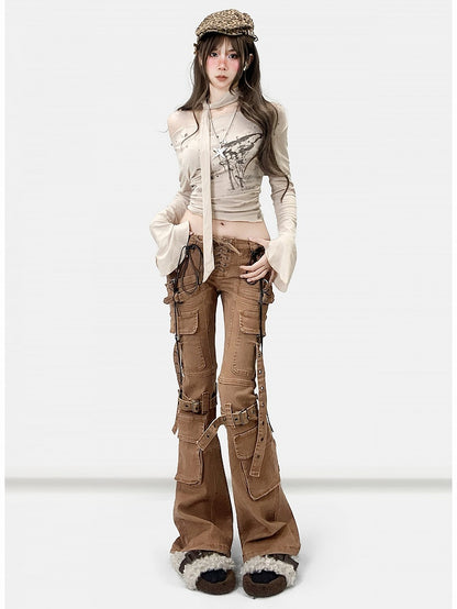 Coffee Brown Wasteland Punk Lace-up Detail Flare Silhouette Jeans